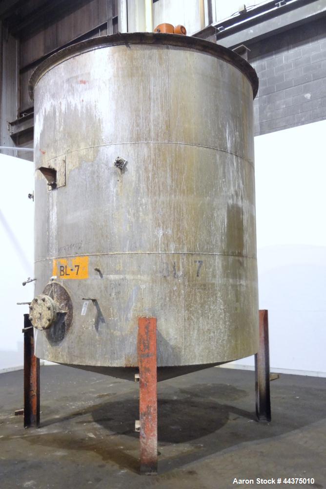 Used Tank, 5000 Gallon, 316 Stainless Steel, Vertical. Approximate 108" diameter x 126" straight side, flat top, coned bottom. Fixed carbon steel agitator bridge, approximate 1/5 top opening with cov...