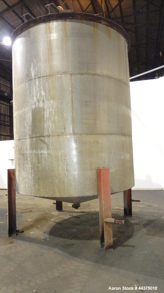 Used Tank, 5000 Gallon, 316 Stainless Steel, Vertical. Approximate 108" diameter x 126" straight side, flat top, coned bottom. Fixed carbon steel agitator bridge, approximate 1/5 top opening with cov...