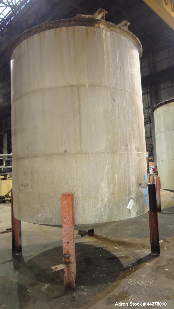 Used Tank, 5000 Gallon, 316 Stainless Steel, Vertical. Approximate 108" diameter x 126" straight side, flat top, coned bottom. Fixed carbon steel agitator bridge, approximate 1/5 top opening with cov...