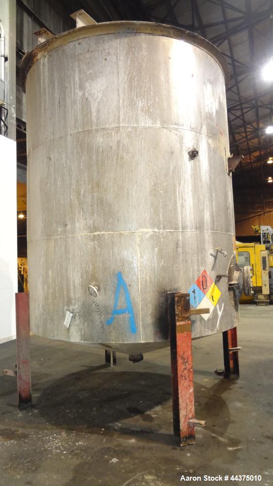 Used Tank, 5000 Gallon, 316 Stainless Steel, Vertical. Approximate 108" diameter x 126" straight side, flat top, coned bottom. Fixed carbon steel agitator bridge, approximate 1/5 top opening with cov...