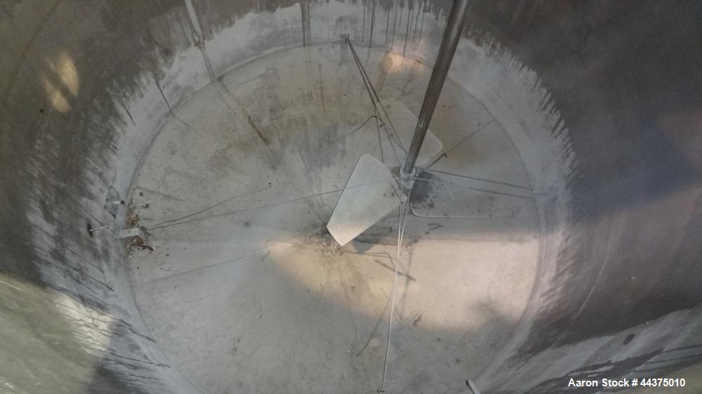 Used Tank, 5000 Gallon, 316 Stainless Steel, Vertical. Approximate 108" diameter x 126" straight side, flat top, coned bottom. Fixed carbon steel agitator bridge, approximate 1/5 top opening with cov...