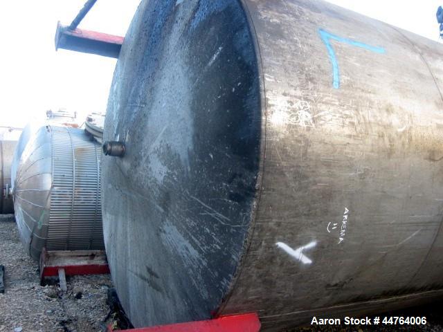 Used Tank, 6200 Gallon, 304 Stainless Steel, Vertical. 108” Diameter x 156” straight side, flat top, coned bottom. Top entering agitator with a shaft and (2) (6) blade turbines, driven by a 7.5hp mot...