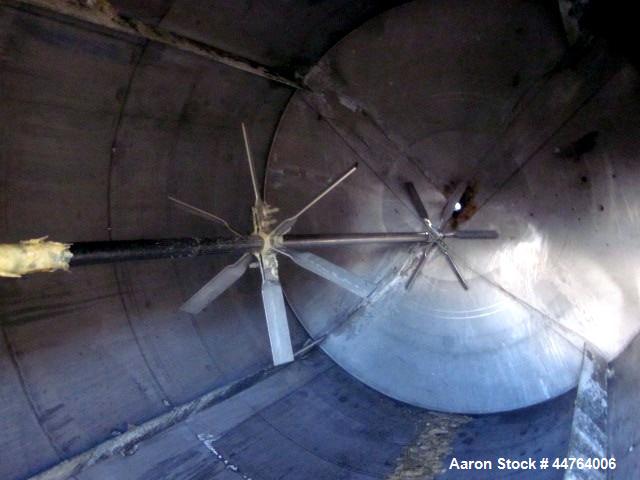 Used Tank, 6200 Gallon, 304 Stainless Steel, Vertical. 108” Diameter x 156” straight side, flat top, coned bottom. Top entering agitator with a shaft and (2) (6) blade turbines, driven by a 7.5hp mot...