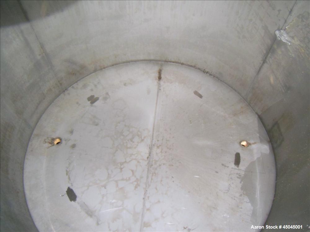 Used Tank, 5,000 Gallon, 304 Stainless Steel, Vertical. Approximate 112" x 120" straight side, slight coned top, flat bottom. Openings top (2) 3", side 3", 17" x 20" oval man way with cover, 3" side ...