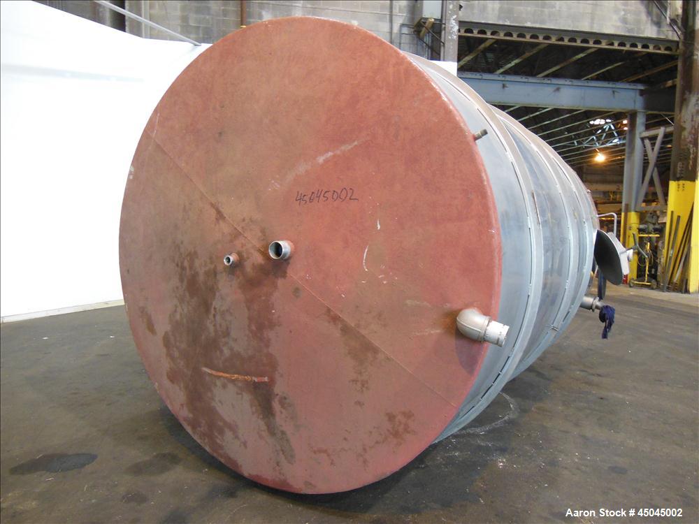 Used Tank, 5,000 Gallon, 304 Stainless Steel, Vertical. Approximate 102" x 142" straight side, slight coned top, sloped bottom. Openings top 3", 3-1/2", 1-1/2", side 16" x 20" oval man way with cover...