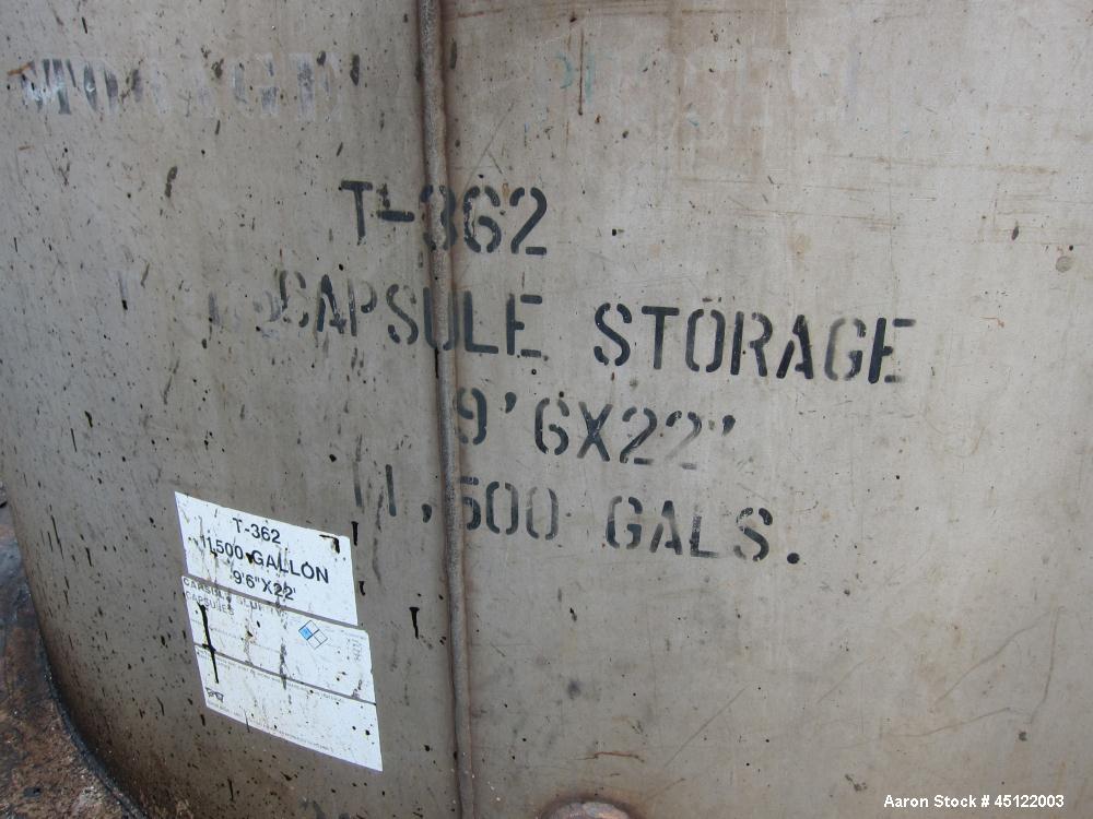 Used 11,500 Gallon Stainless Steel Storage Tank, 9'6" diameter, 22' tall, flat top, flat bottom, side entering manway.