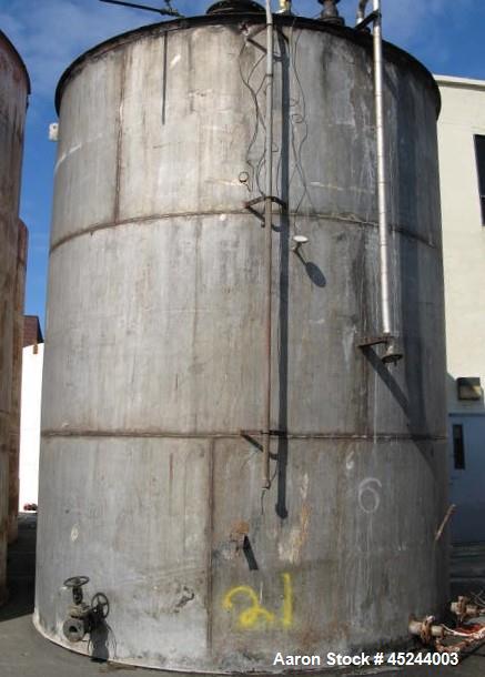 Used - Tank, 20,000 Gallon, 14' diameter x 18' high on straight side. Vertical, Constructed T304 Stainless steel, Flat bottom, Cone top, manhole on side near bottom and top.