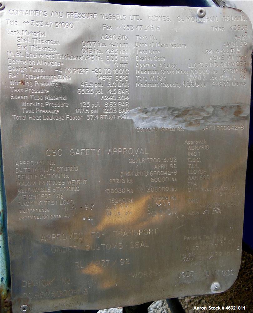 Used 6600 Gallon Stainless Steel Single Compartment Insulated ISO Tank Container
