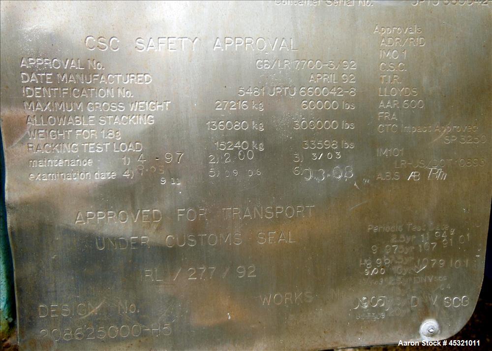 Used 6600 Gallon Stainless Steel Single Compartment Insulated ISO Tank Container