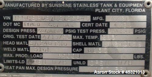 Used- Sunshine Stainless Tank & Equipment Intermodal Transport Tank, 6205 Gallon, 316 Stainless Steel, IMO Type 1. Transport...