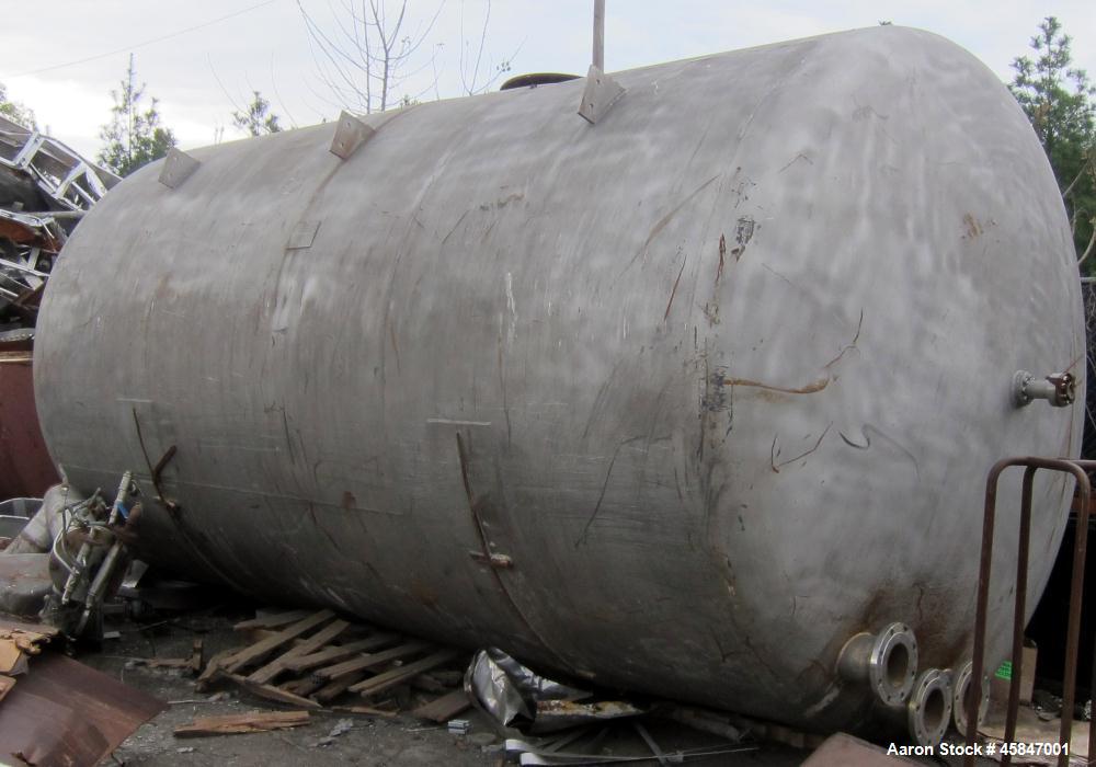 Used Tank, Approximately 7,500 Gallon, 316 Stainless Steel, Horizontal. 107" diameter x 18' 10" OAL. Dished heads. 24" diameter Top man way, (3) 6" flanged openings side. No saddles.