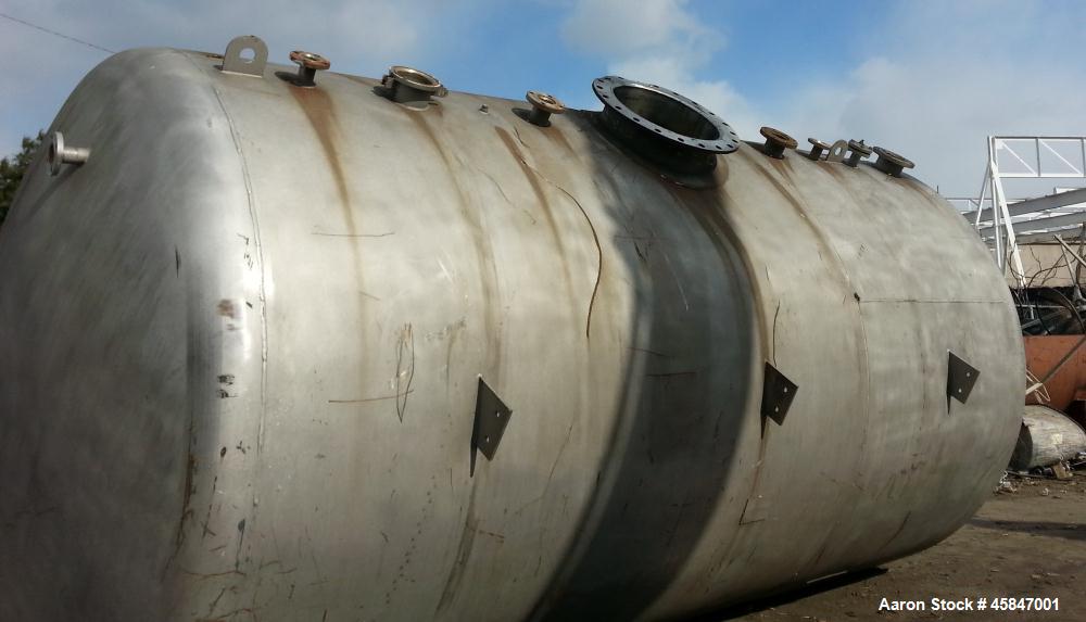 Used Tank, Approximately 7,500 Gallon, 316 Stainless Steel, Horizontal. 107" diameter x 18' 10" OAL. Dished heads. 24" diameter Top man way, (3) 6" flanged openings side. No saddles.
