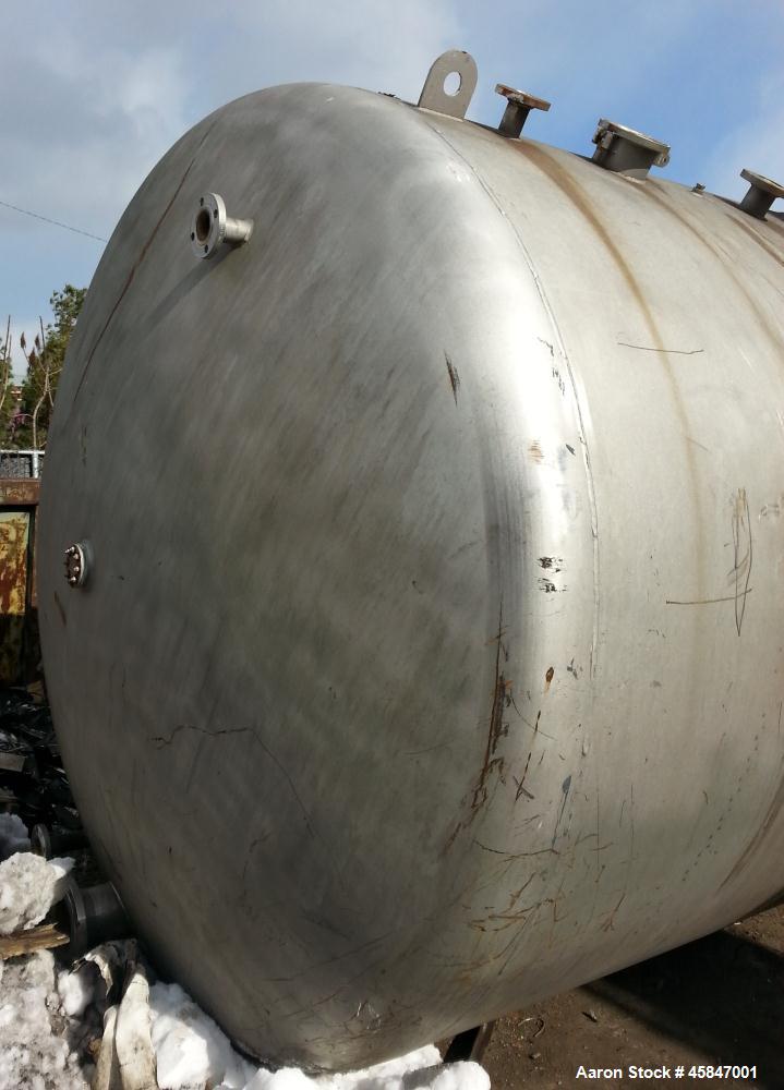 Used Tank, Approximately 7,500 Gallon, 316 Stainless Steel, Horizontal. 107" diameter x 18' 10" OAL. Dished heads. 24" diameter Top man way, (3) 6" flanged openings side. No saddles.