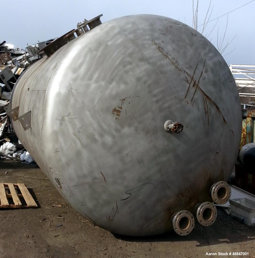 Used Tank, Approximately 7,500 Gallon, 316 Stainless Steel, Horizontal. 107" diameter x 18' 10" OAL. Dished heads. 24" diameter Top man way, (3) 6" flanged openings side. No saddles.