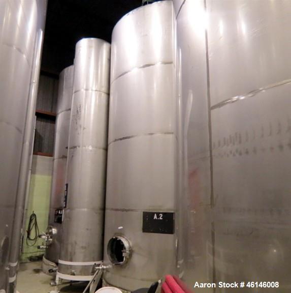 Used Tank, Approximate 7,500 Gallon, Stainless Steel, Vertical. Approximate 108" diameter x 192" straight side, flat top and bottom. Side bottom manway.