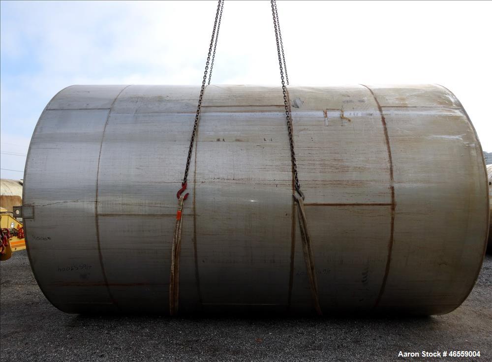 Used Tank, approximate 18,000 Gallon, Approximate 150" Diameter x 226" to 228" Straight Side, 316 Stainless Steel, Vertical, Flat Top, sloped bottom, Single Shell Bulk. Top Inlets,18" manway no cover...