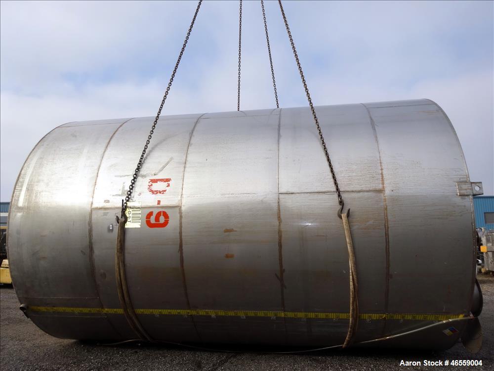 Used Tank, approximate 18,000 Gallon, Approximate 150" Diameter x 226" to 228" Straight Side, 316 Stainless Steel, Vertical, Flat Top, sloped bottom, Single Shell Bulk. Top Inlets,18" manway no cover...