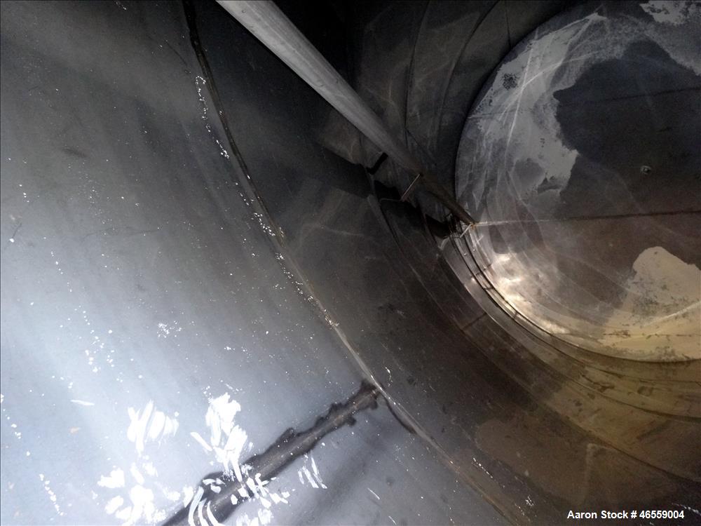 Used Tank, approximate 18,000 Gallon, Approximate 150" Diameter x 226" to 228" Straight Side, 316 Stainless Steel, Vertical, Flat Top, sloped bottom, Single Shell Bulk. Top Inlets,18" manway no cover...