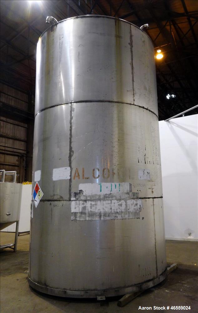 Used Tank, 9,000 Gallon, 304 Stainless Steel, Vertical. Approximate 120" diameter x 202" straight side, approximate 1" slope. Cone top, sloped bottom. Openings top: 3" vent, 17" Manway with cover, (1...