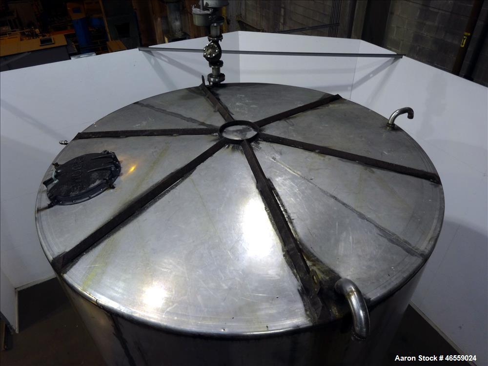 Used Tank, 9,000 Gallon, 304 Stainless Steel, Vertical. Approximate 120" diameter x 202" straight side, approximate 1" slope. Cone top, sloped bottom. Openings top: 3" vent, 17" Manway with cover, (1...