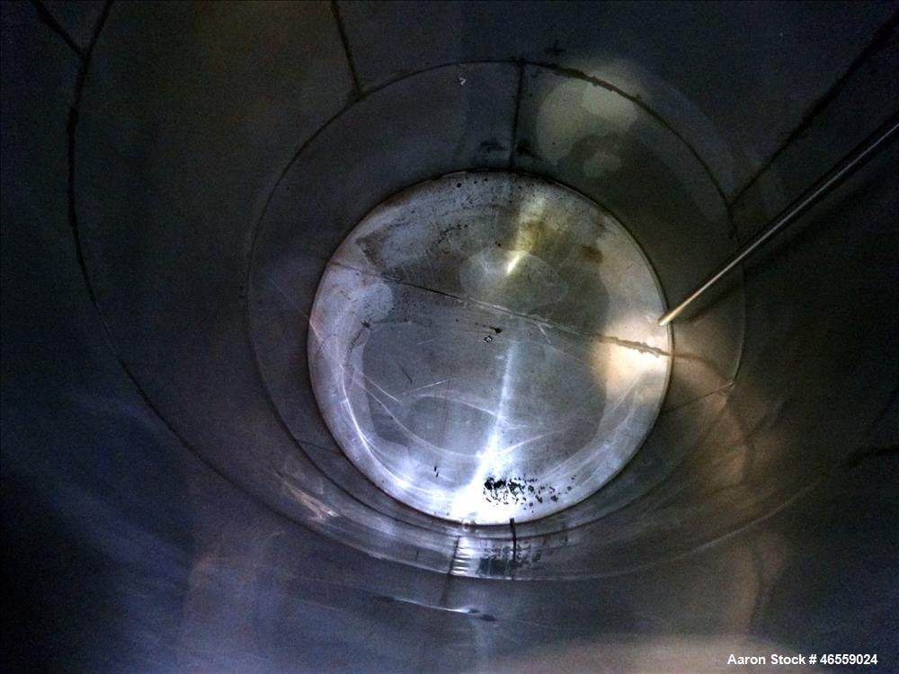 Used Tank, 9,000 Gallon, 304 Stainless Steel, Vertical. Approximate 120" diameter x 202" straight side, approximate 1" slope. Cone top, sloped bottom. Openings top: 3" vent, 17" Manway with cover, (1...