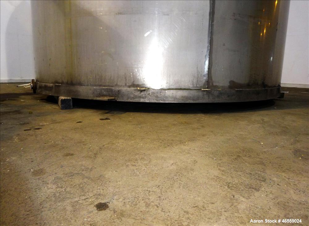 Used Tank, 9,000 Gallon, 304 Stainless Steel, Vertical. Approximate 120" diameter x 202" straight side, approximate 1" slope. Cone top, sloped bottom. Openings top: 3" vent, 17" Manway with cover, (1...