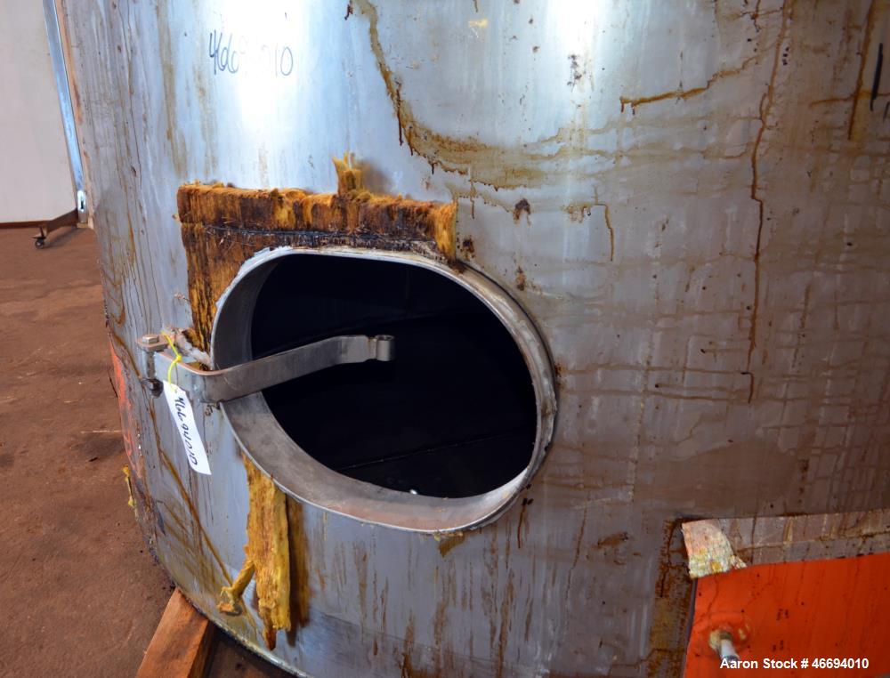 Used Tank, Approximate 6000 Gallon, 304 Stainless Steel, Vertical. Approximate 96" diameter x 192" straight side, coned top, inverted dished bottom. Openings side 16" x 20" oval man way with cover, 3...