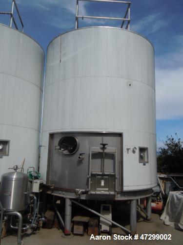 Used 7,200 Gallon Stainless Steel Tank. Approximately 14' tall (with stands approximately 17'), 10' diameter, 2 x 4ft. jackets for glycol / coolant. Cooling channels built into floor. Inverted cone f...
