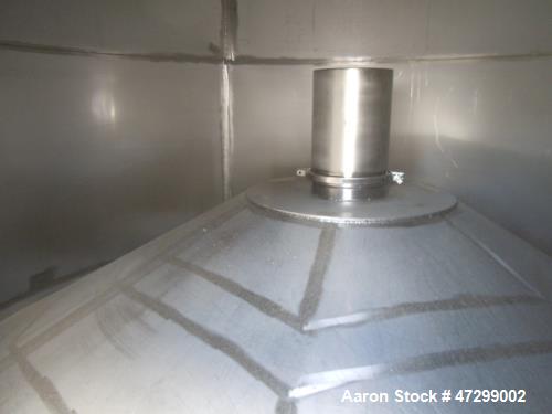 Used 7,200 Gallon Stainless Steel Tank. Approximately 14' tall (with stands approximately 17'), 10' diameter, 2 x 4ft. jackets for glycol / coolant. Cooling channels built into floor. Inverted cone f...