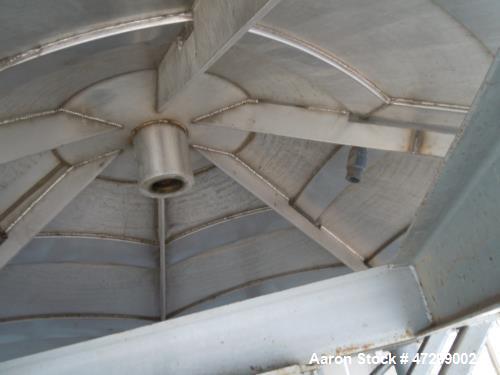 Used 7,200 Gallon Stainless Steel Tank. Approximately 14' tall (with stands approximately 17'), 10' diameter, 2 x 4ft. jackets for glycol / coolant. Cooling channels built into floor. Inverted cone f...