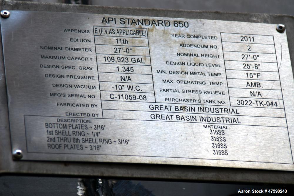 Unused- Great Basin Industrial API Standard 650 Tank, 109,923 Gallon, 316 Stainless Steel, Vertical. Approximate 27' Diameter x 27' straight side. Serial# C-11059-08, built 2011.