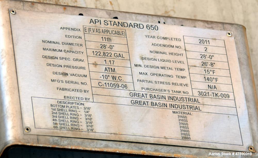 Unused- Great Basin lndustrial API 650 Standard Tank, 122,822 Gallon, 316 Stainless Steel. 28' Diameter x 28' straight side. Serial# C-11059-06, built 2011.