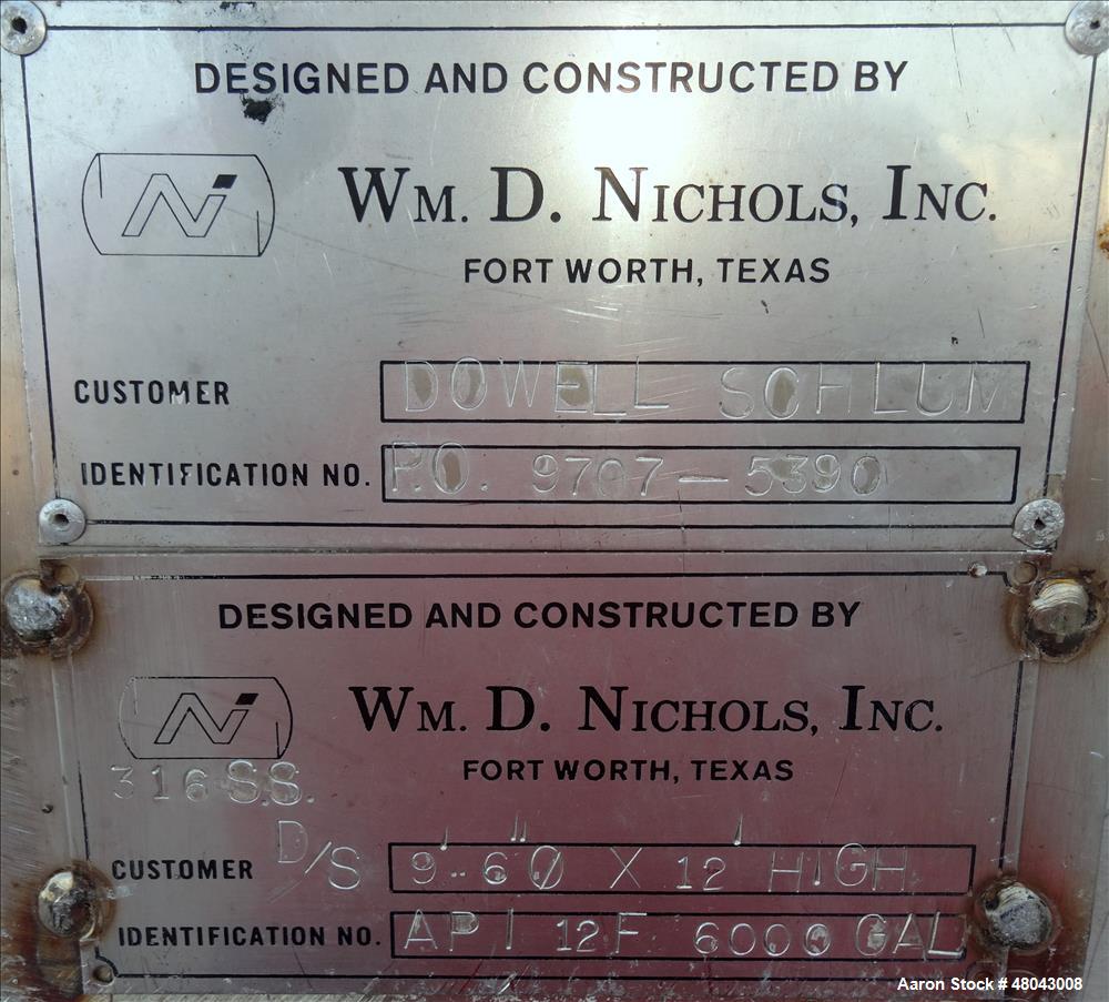 Used Wm. D. Nichols inc. Storage Tank, 6,000 Gallon, 316 Stainless Steel, Verti