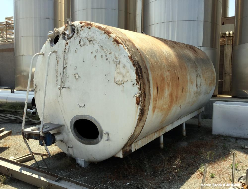 Used Tank, 6,000 Gallon, Stainless Steel, Horizontal. Approximate 108" diameter x 196" straights side, dished heads. Side entering agitator driven by a 2hp motor with stainless steel shaft and prop. ...