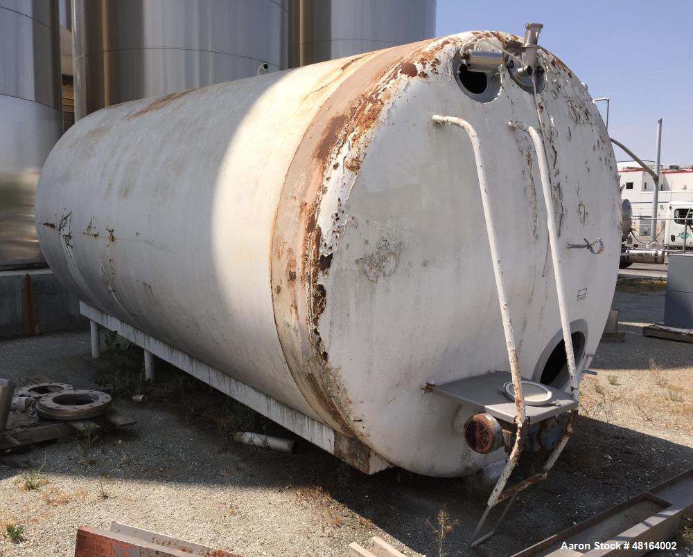 Used Tank, 6,000 Gallon, Stainless Steel, Horizontal. Approximate 108" diameter x 196" straights side, dished heads. Side entering agitator driven by a 2hp motor with stainless steel shaft and prop. ...