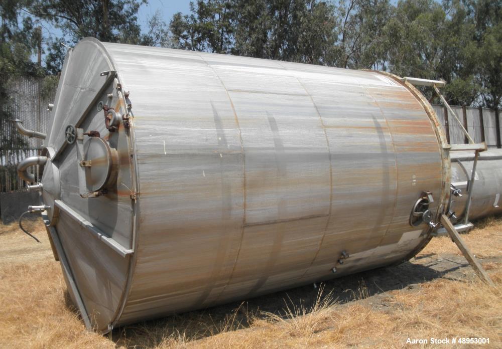Used Tank, Approximate 12,000 Gallon, Stainless Steel tank, Vertical. Approximately 11' diameter x 16' straight side, cone top with 2” diameter center top opening, 20” diameter top manway and 4” diam...