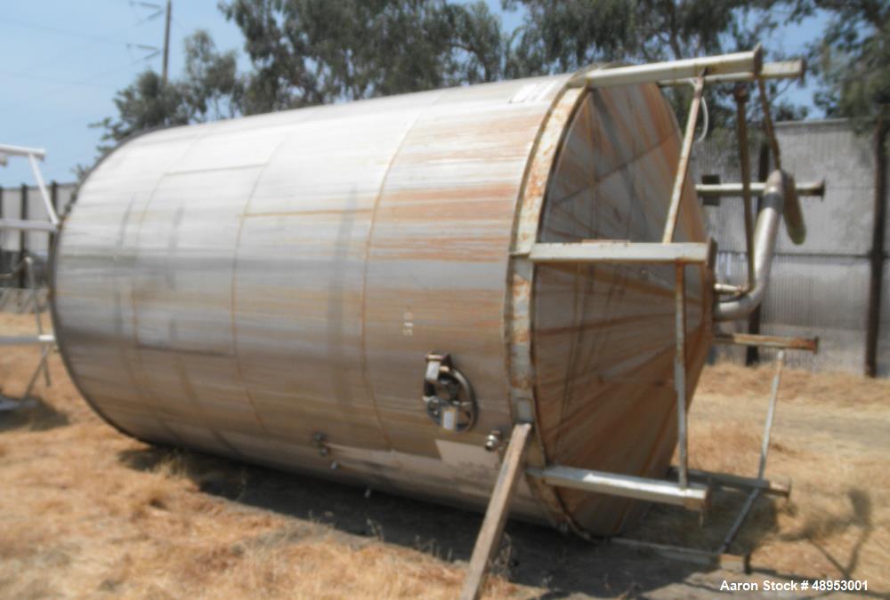 Used Tank, Approximate 12,000 Gallon, Stainless Steel tank, Vertical. Approximately 11' diameter x 16' straight side, cone top with 2” diameter center top opening, 20” diameter top manway and 4” diam...