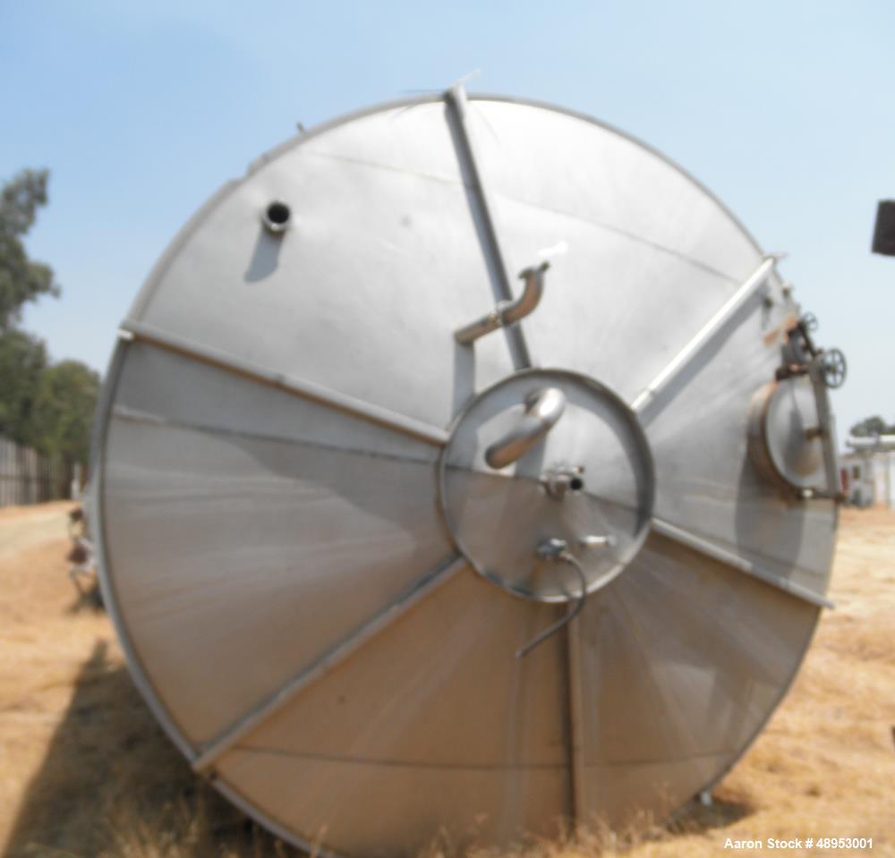Used Tank, Approximate 12,000 Gallon, Stainless Steel tank, Vertical. Approximately 11' diameter x 16' straight side, cone top with 2” diameter center top opening, 20” diameter top manway and 4” diam...