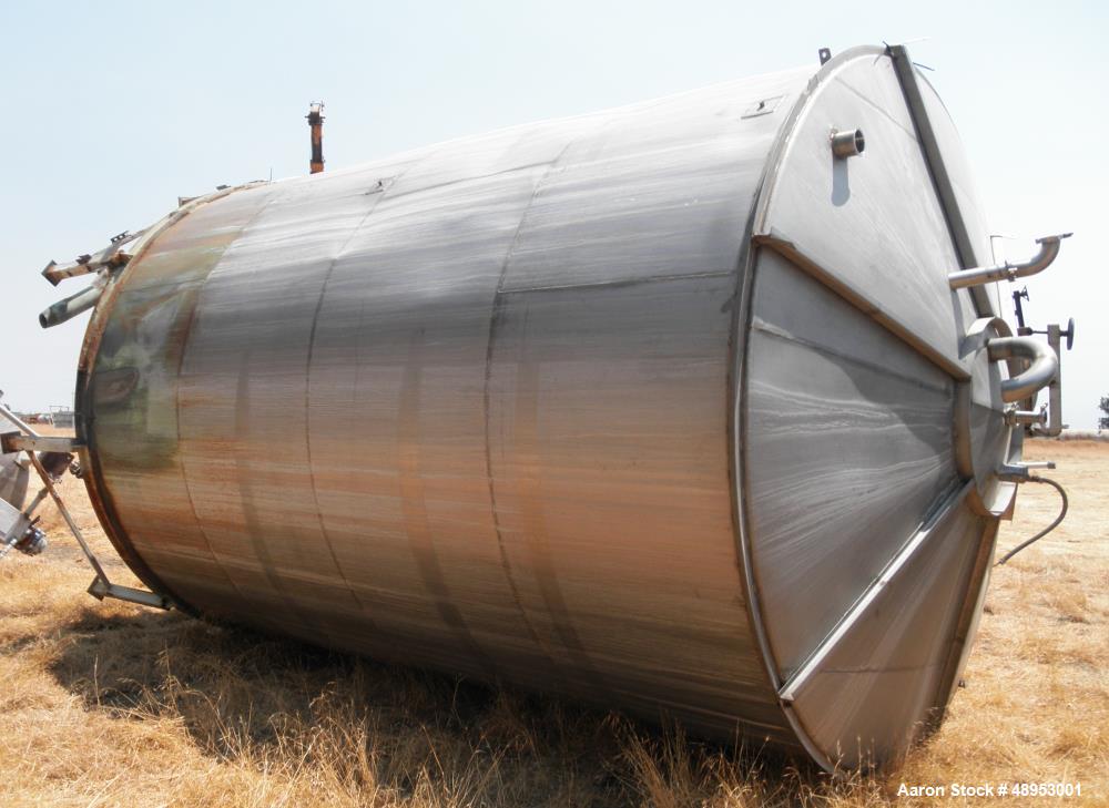 Used Tank, Approximate 12,000 Gallon, Stainless Steel tank, Vertical. Approximately 11' diameter x 16' straight side, cone top with 2” diameter center top opening, 20” diameter top manway and 4” diam...