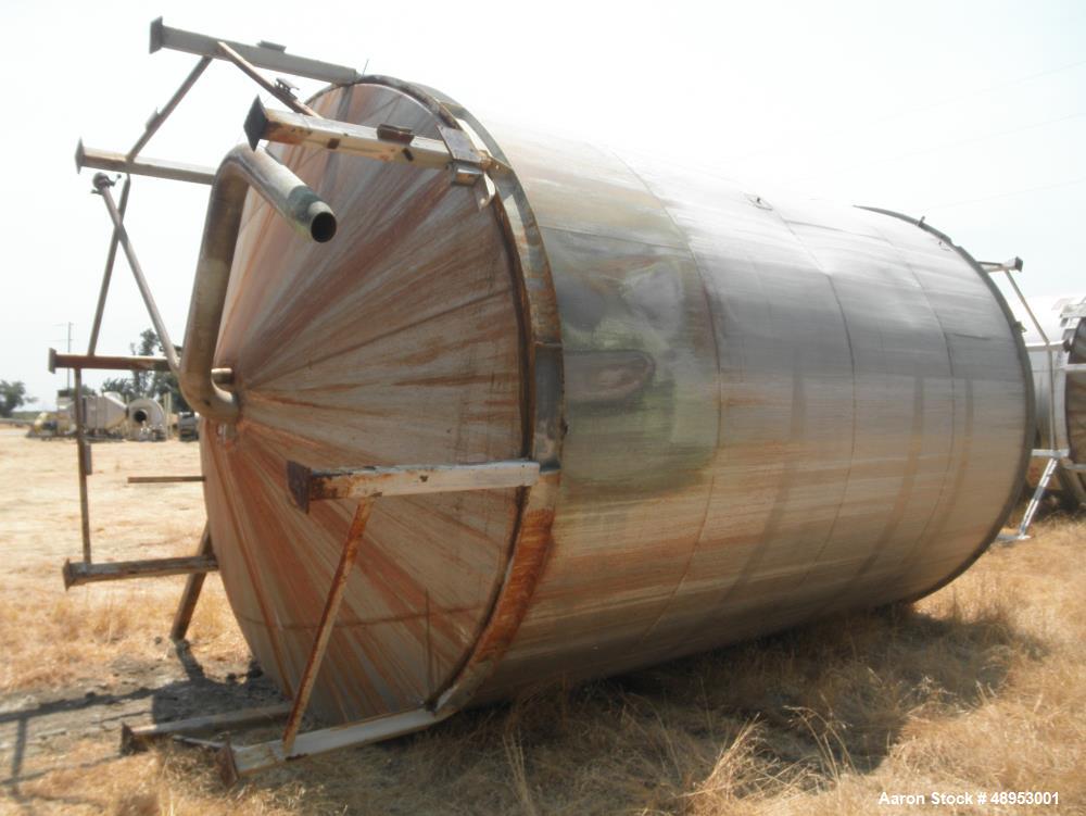 Used Tank, Approximate 12,000 Gallon, Stainless Steel tank, Vertical. Approximately 11' diameter x 16' straight side, cone top with 2” diameter center top opening, 20” diameter top manway and 4” diam...