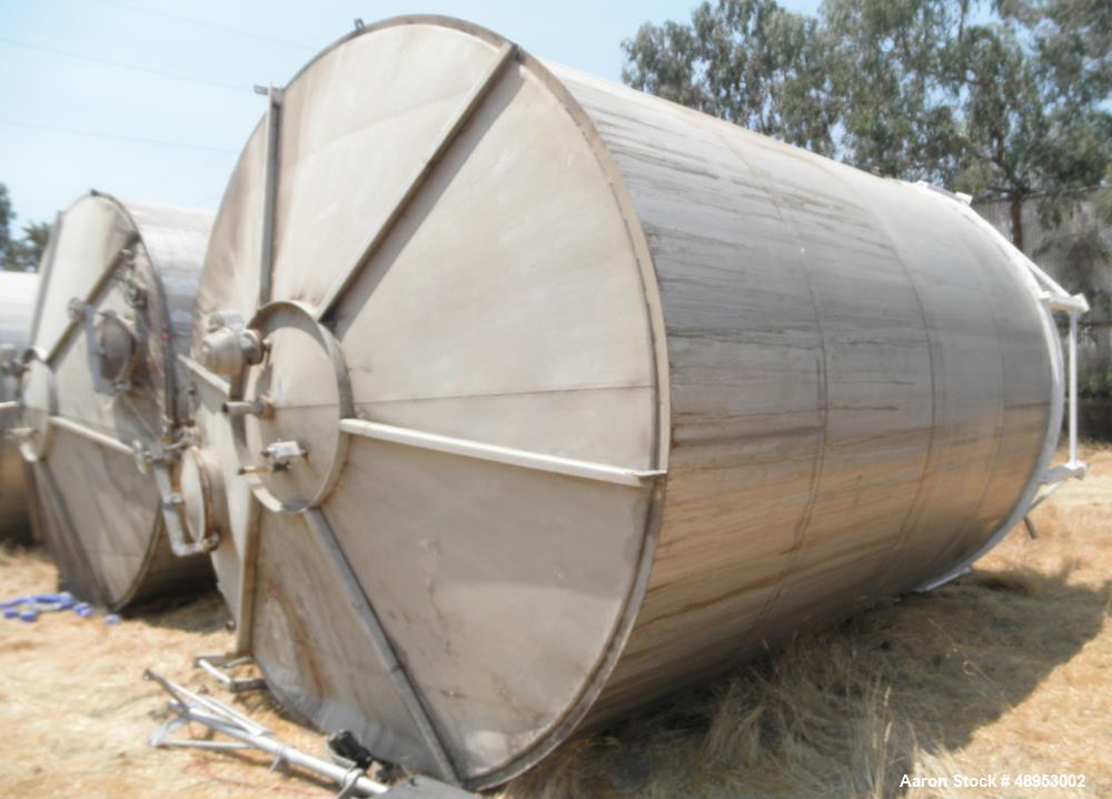 Used Tank, Approximate 12,000 Gallon, Stainless Steel tank, Vertical. Approximately 11' diameter x 16' straight side, cone top with 2” diameter center top opening, 20” diameter top manway and 4” diam...