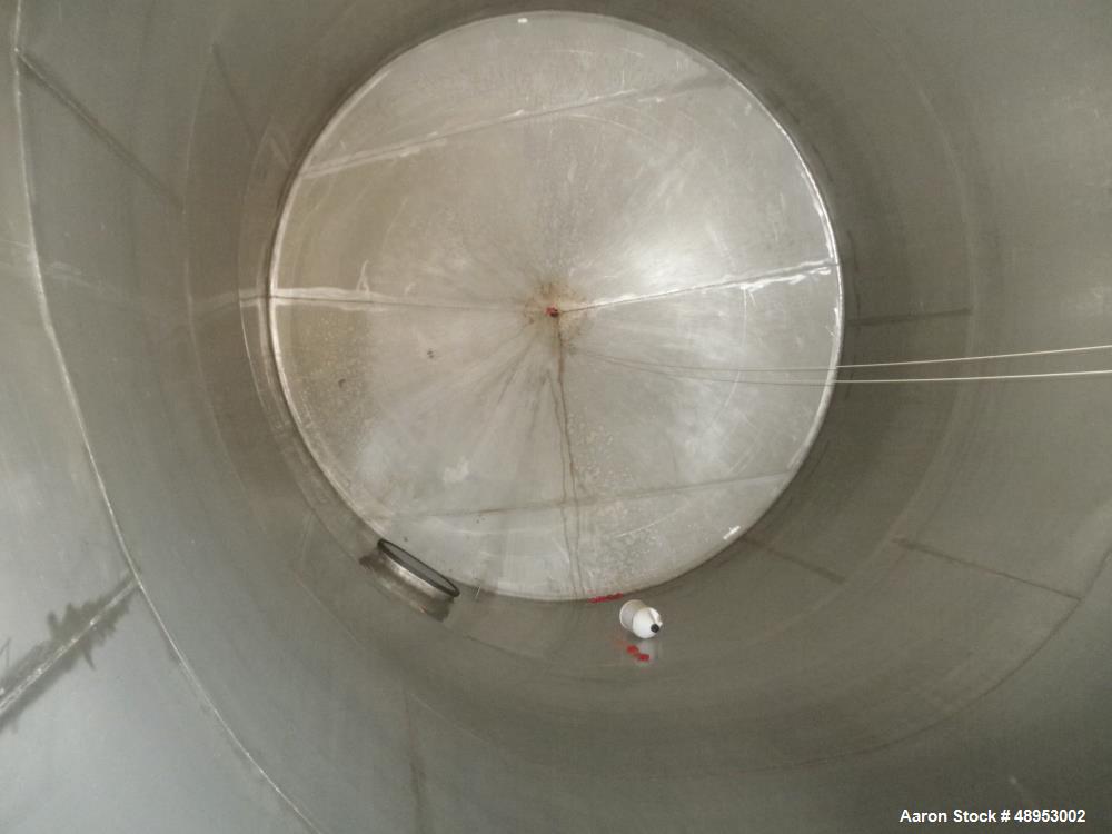 Used Tank, Approximate 12,000 Gallon, Stainless Steel tank, Vertical. Approximately 11' diameter x 16' straight side, cone top with 2” diameter center top opening, 20” diameter top manway and 4” diam...