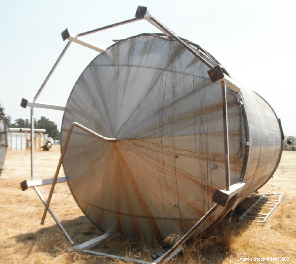Used Tank, Approximate 12,000 Gallon, Stainless Steel tank, Vertical. Approximately 11' diameter x 16' straight side, cone top with 2” diameter center top opening, 20” diameter top manway and 4” diam...