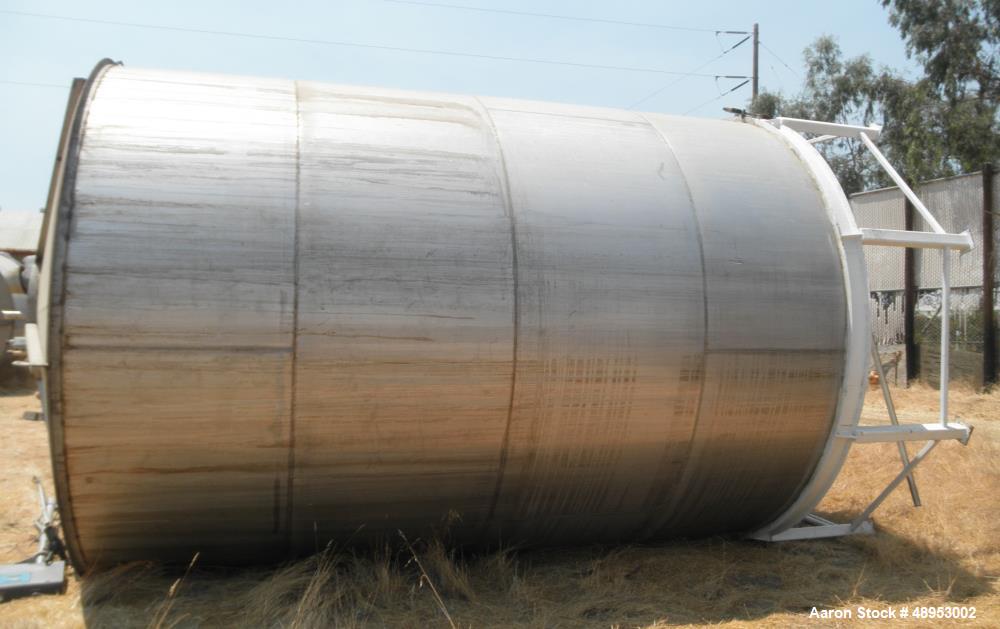 Used Tank, Approximate 12,000 Gallon, Stainless Steel tank, Vertical. Approximately 11' diameter x 16' straight side, cone top with 2” diameter center top opening, 20” diameter top manway and 4” diam...