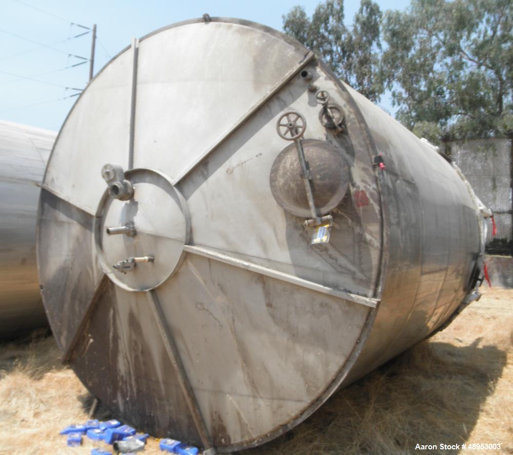 Used Tank, Approximate 12,000 Gallon, Stainless Steel tank, Vertical. Approximately 11' diameter x 16' straight side, cone top with 2” diameter center top opening, 20” diameter top manway and 4” diam...