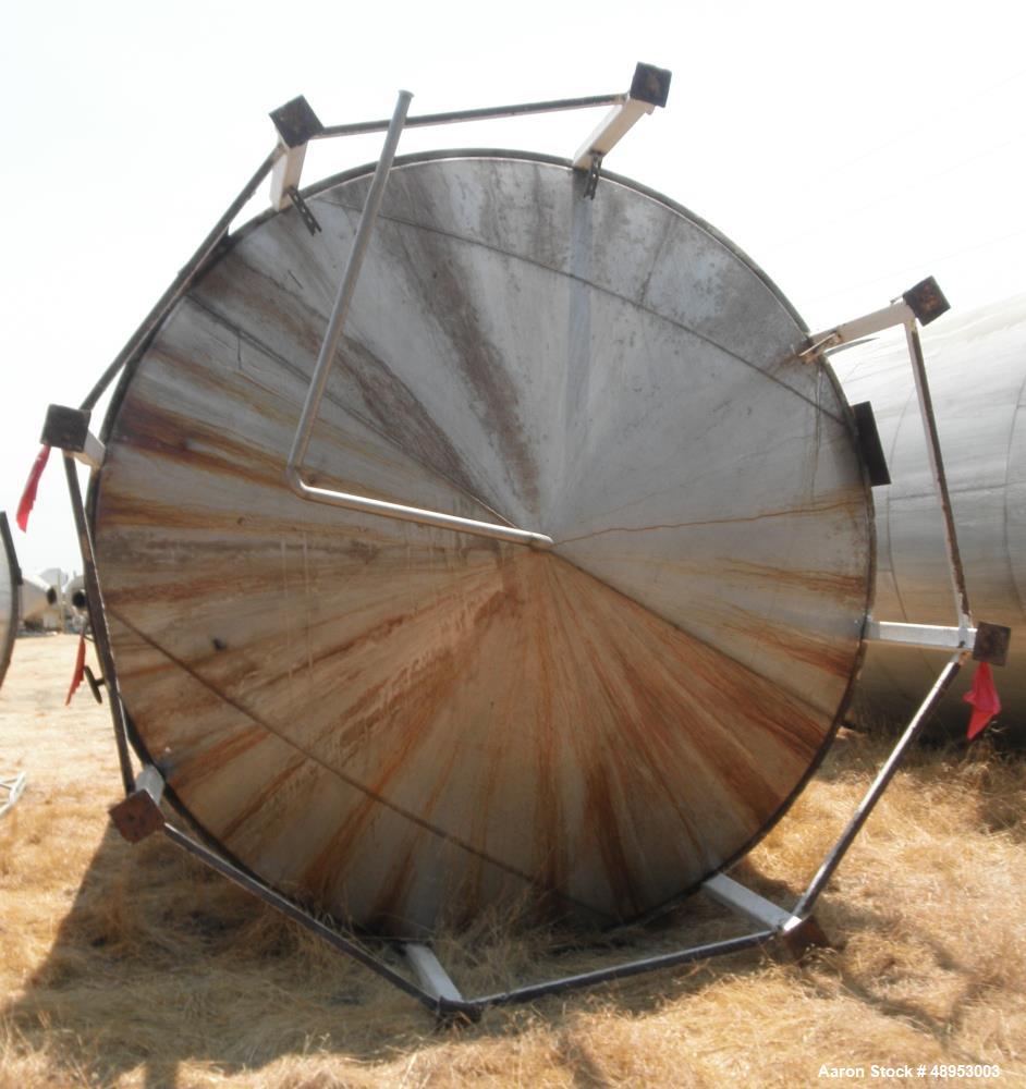 Used Tank, Approximate 12,000 Gallon, Stainless Steel tank, Vertical. Approximately 11' diameter x 16' straight side, cone top with 2” diameter center top opening, 20” diameter top manway and 4” diam...