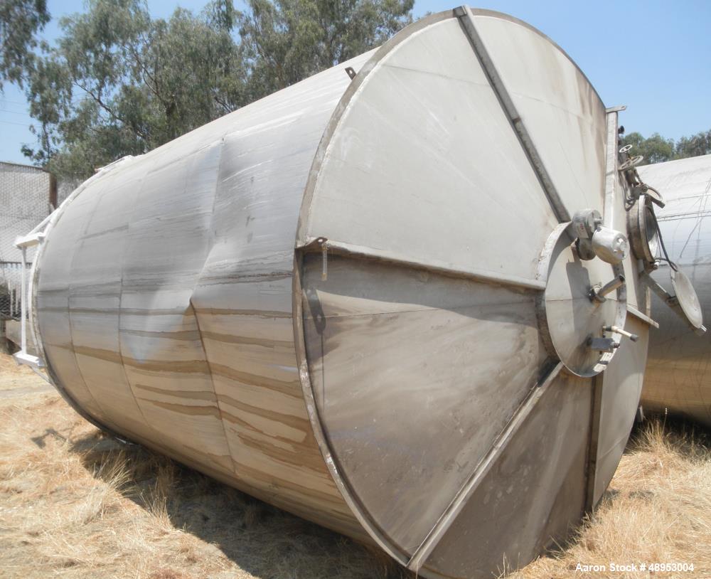 Used Tank, Approximate 12,000 Gallon, Stainless Steel tank, Vertical. Approximately 11' diameter x 16' straight side, cone top with 2” diameter center top opening, 20” diameter top manway and 4” diam...