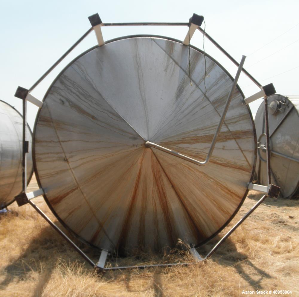 Used Tank, Approximate 12,000 Gallon, Stainless Steel tank, Vertical. Approximately 11' diameter x 16' straight side, cone top with 2” diameter center top opening, 20” diameter top manway and 4” diam...