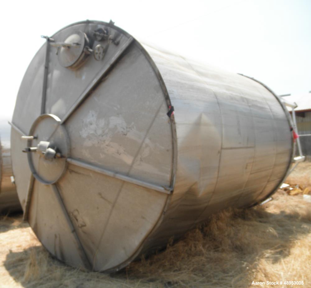 Used Tank, Approximate 12,000 Gallon, Stainless Steel tank, Vertical. Approximately 11' diameter x 16' straight side, cone top with 2” diameter center top opening, 20” diameter top manway and 4” diam...