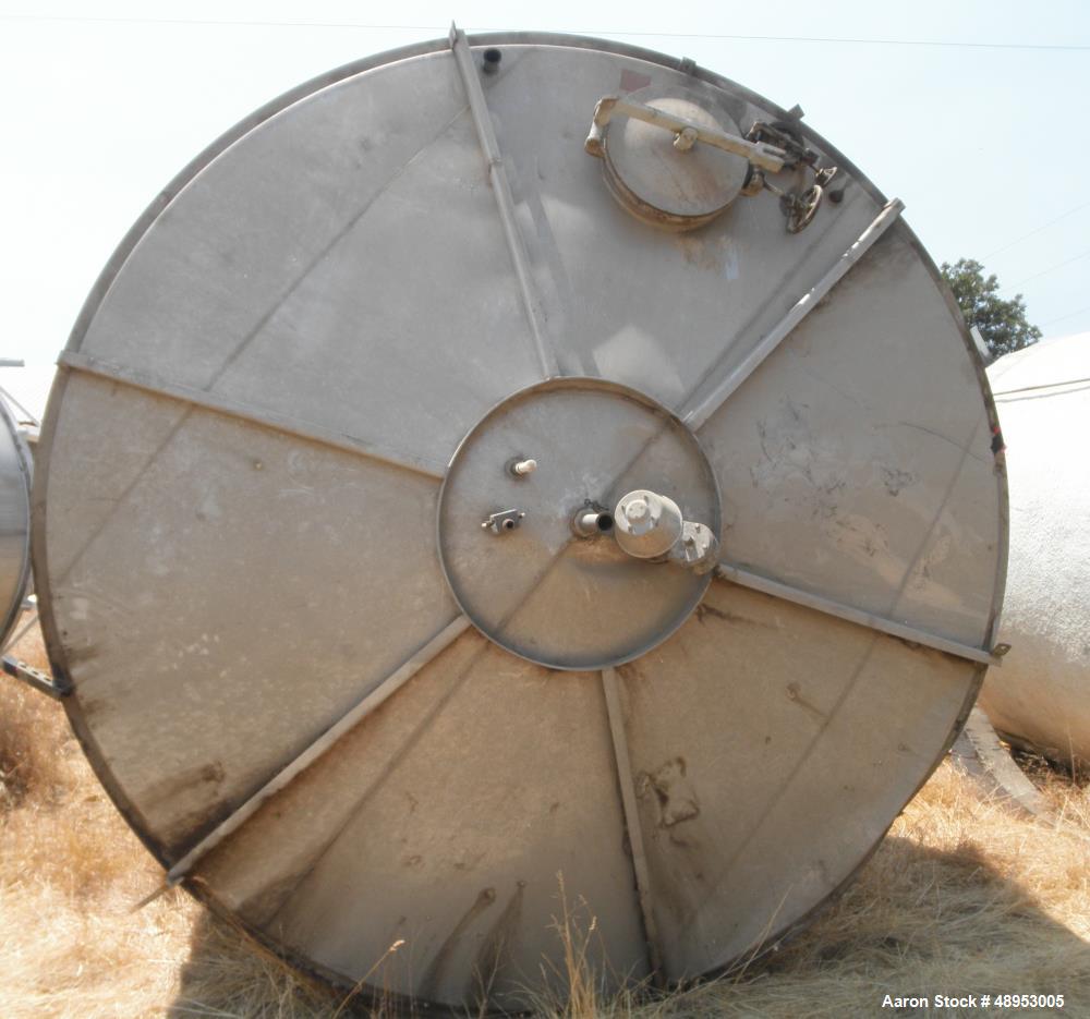 Used Tank, Approximate 12,000 Gallon, Stainless Steel tank, Vertical. Approximately 11' diameter x 16' straight side, cone top with 2” diameter center top opening, 20” diameter top manway and 4” diam...